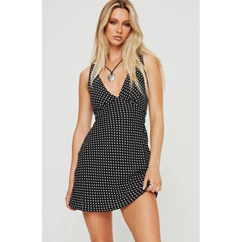 Princess Polly Nellie Polka Dot V-Neck Tie Strap Mini Dress Black White US 2